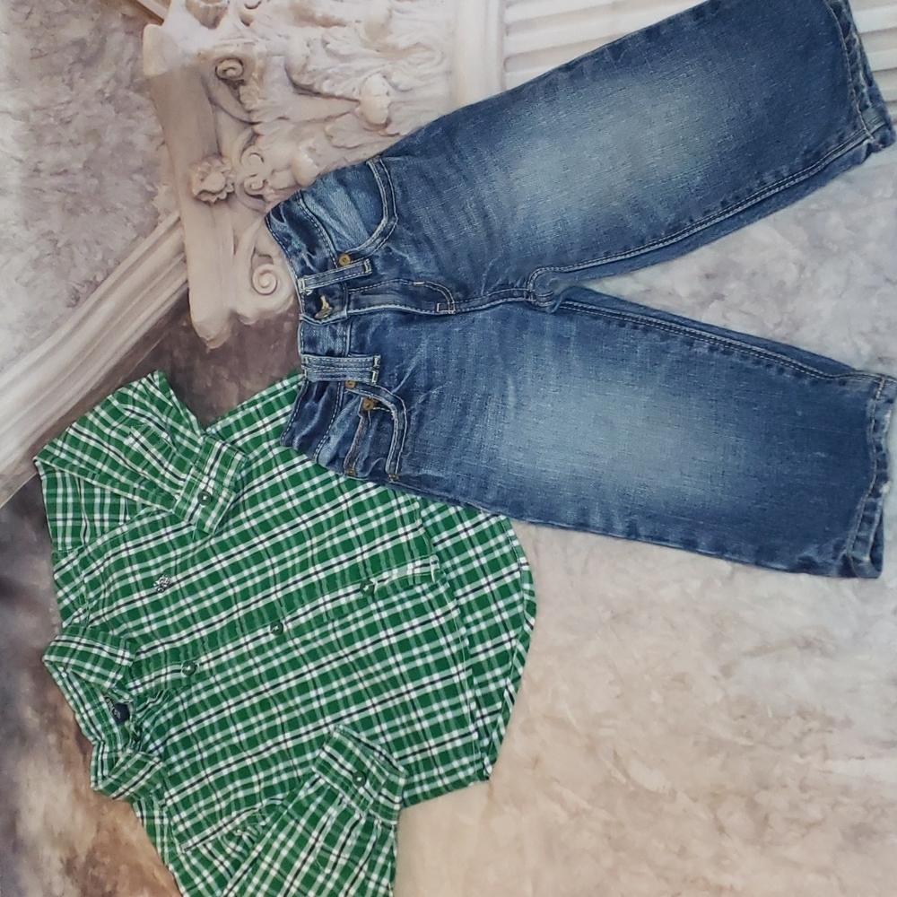 Set of 2 Baby GAP Denim jeans U.S. Polo green plaid button-up size 12-18 months